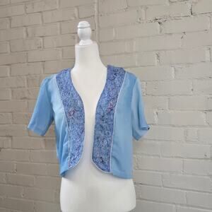 Whimsical Ethereal Blue Cropped Bolero Jacket │Watercolor Design & Textured Trim